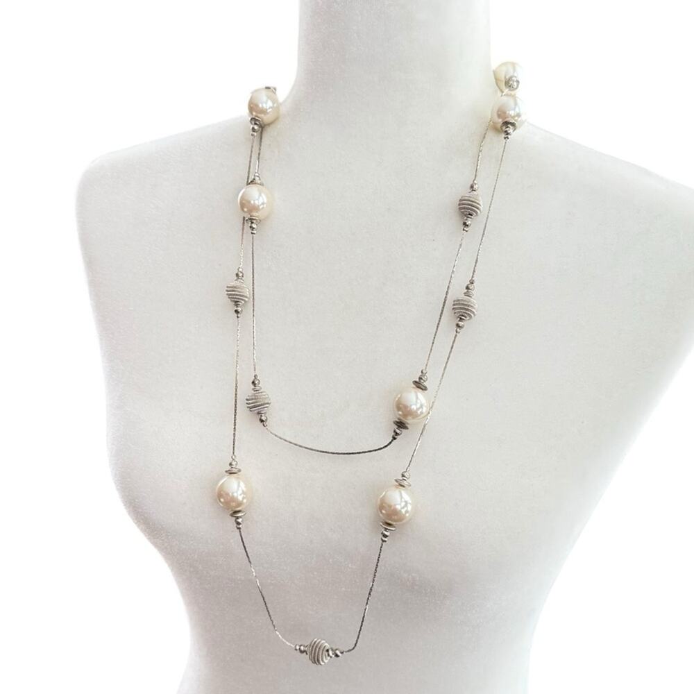 NOS Vintage 80s Sophia collection long necklace chunky pearl silver tone NWT